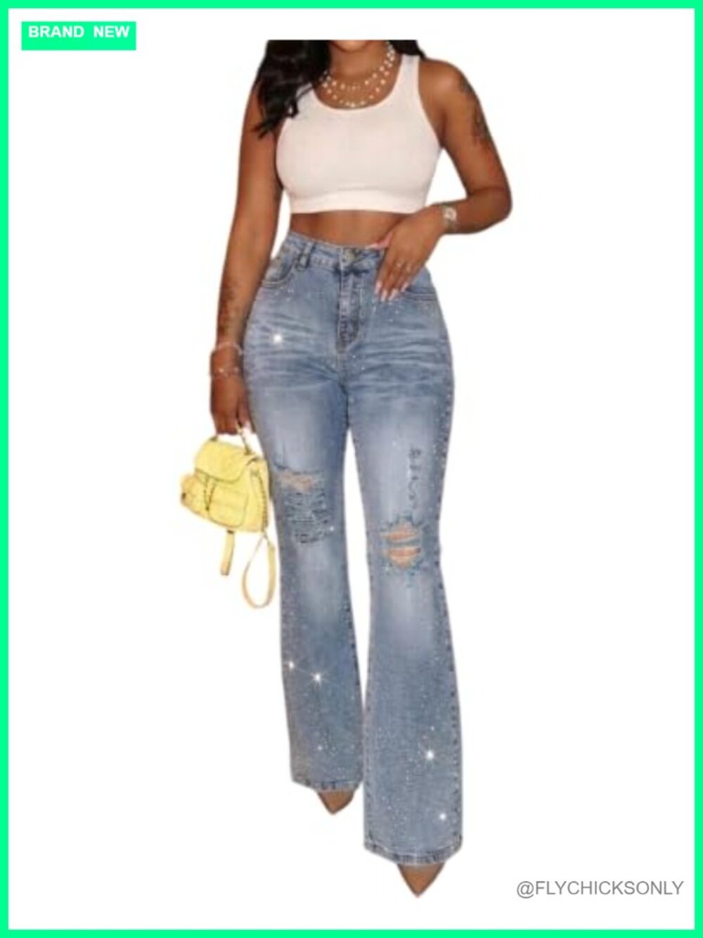 Women's Rhinestone Distressed Flare Bell Bottom Jeans High Waist